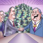 A cartoon of greedy politicians and billionaires shaking hands and smiling.