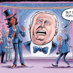 A comic strip-style political cartoon with a large, round face of Joe Biden with a shocked expression.